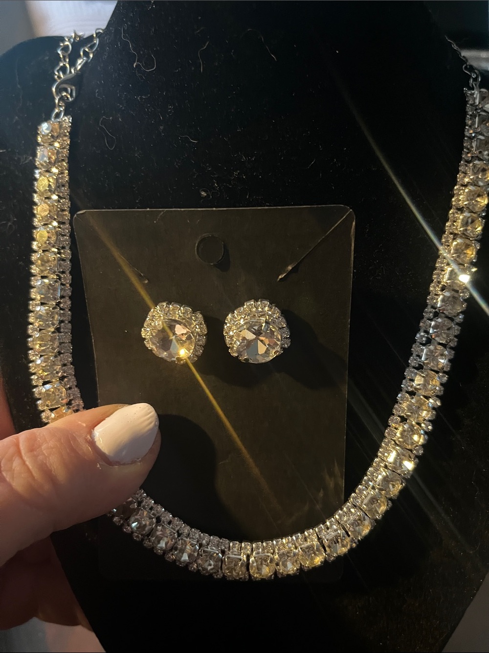 Crystal Pavé Necklace and Matching Studs - Silver Clear
